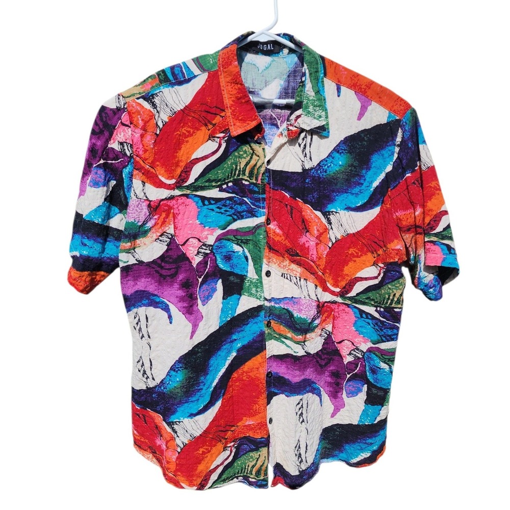 Jogal Mens XXL Abstract Paint Splatter Button Down Shirt Multicolor Short Sleeve